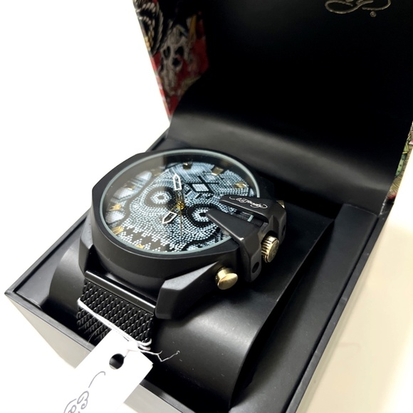 ED HARDY Oversized Skull Beaded Dial Wristwatch Gray Black Mesh Strap Watch - Picture 5 of 7